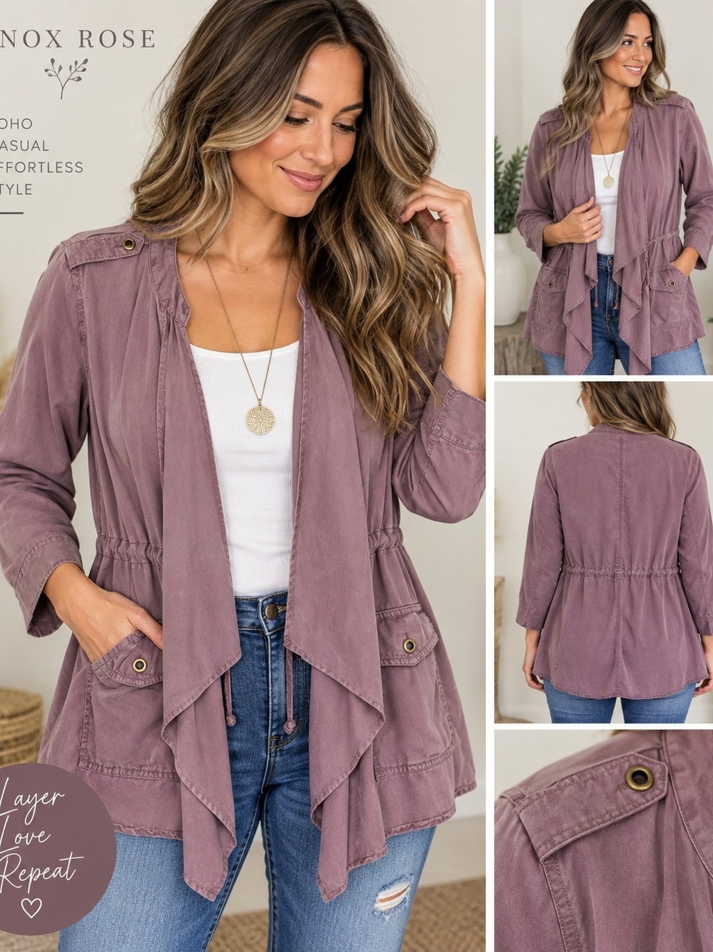 Knox Rose Mauve Purple Draped Utility Jacket Women’s Large Boho